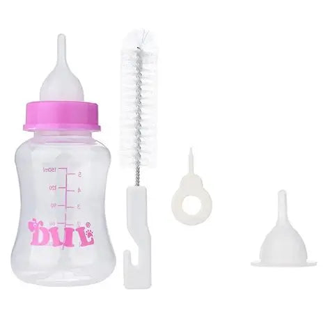 Biberón rosa 150ml con cepillo y tetinas para animales
