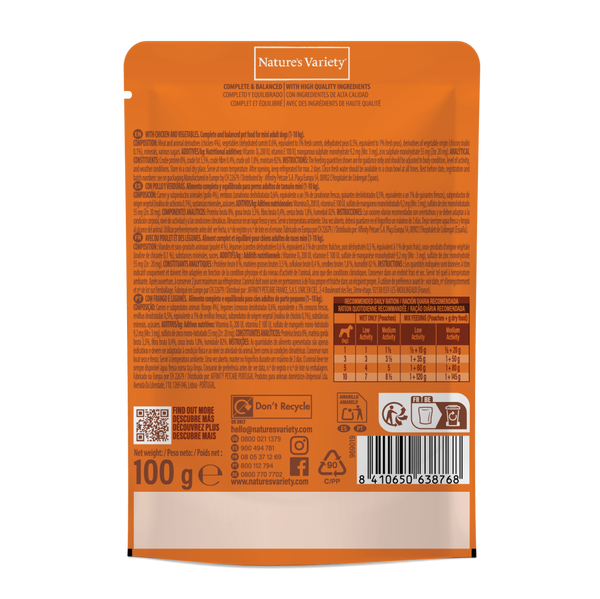 Nature’s Variety Bocaditos en Salsa con Pollo y Verdura para Perros Mini Adultos – Sobre 100 g