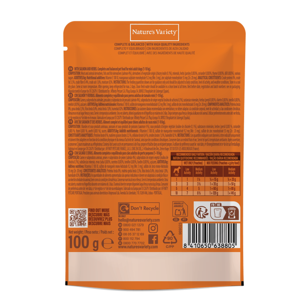 Nature’s Variety Bocaditos en Salsa con Salmón y Hierbas para Perros Mini Adultos – Sobre 100 g
