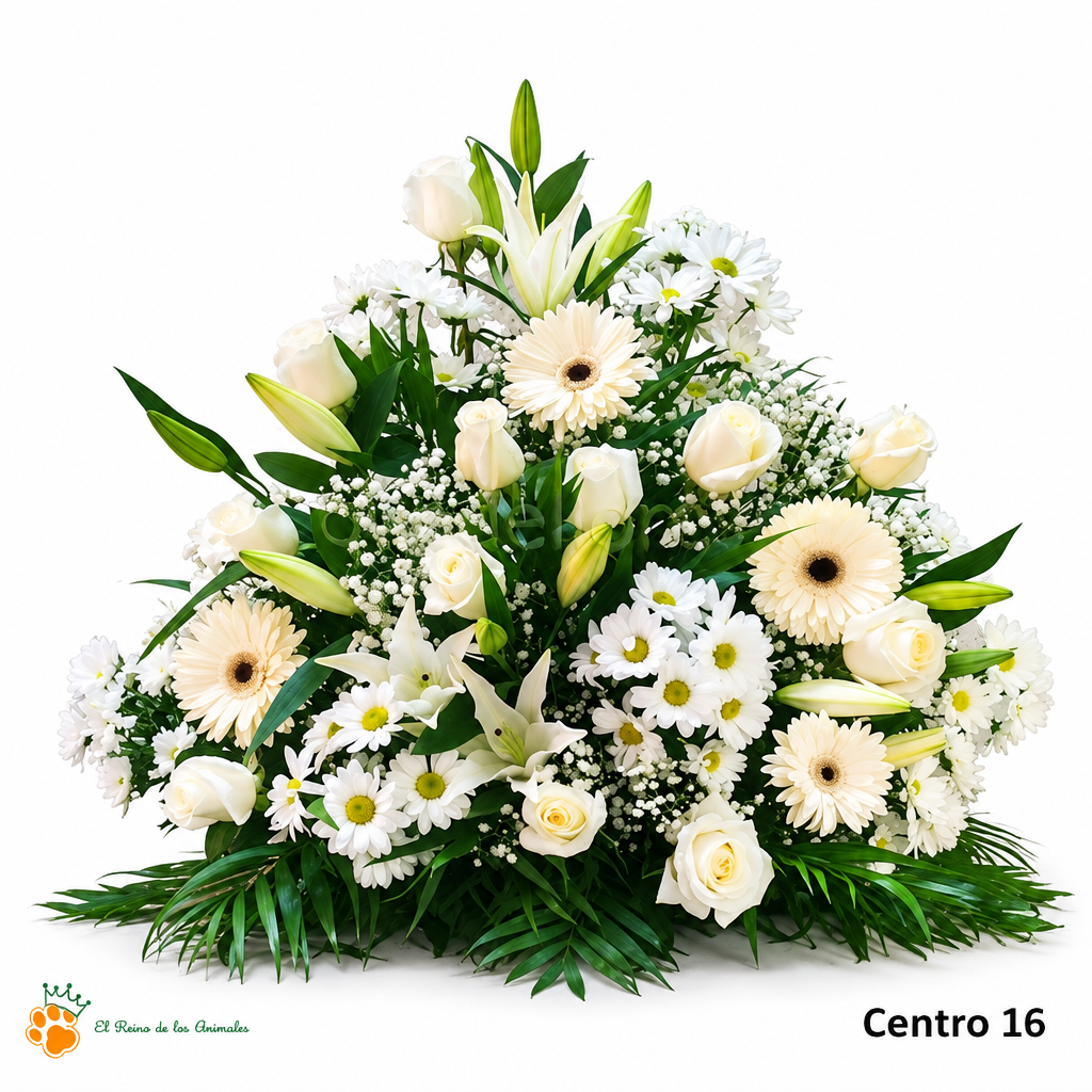 Centro floral con fondo blanco y logo abajo a la izquierda