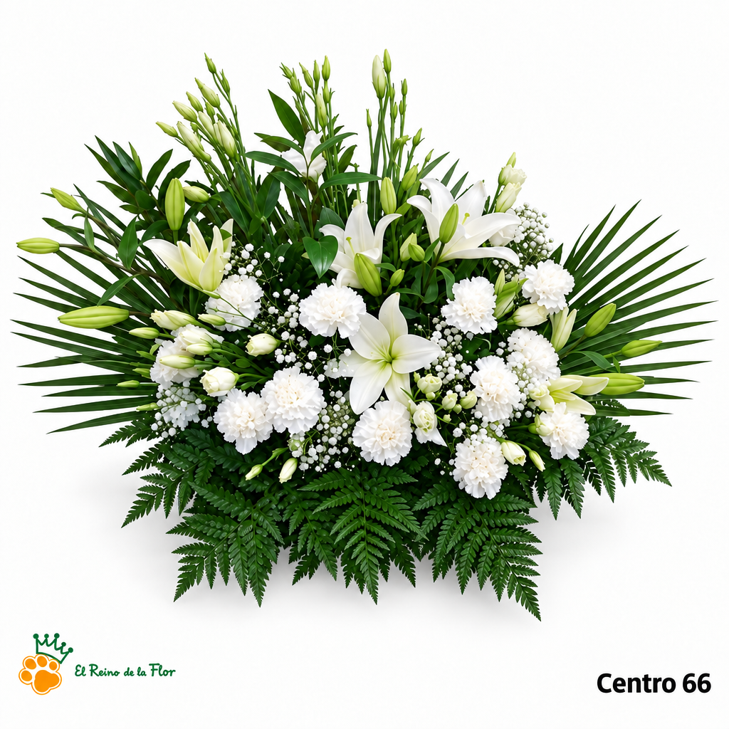Centro de Flores nº66 con liliums y claveles blancos y follaje verde sobre fondo blanco con logo de la tienda.