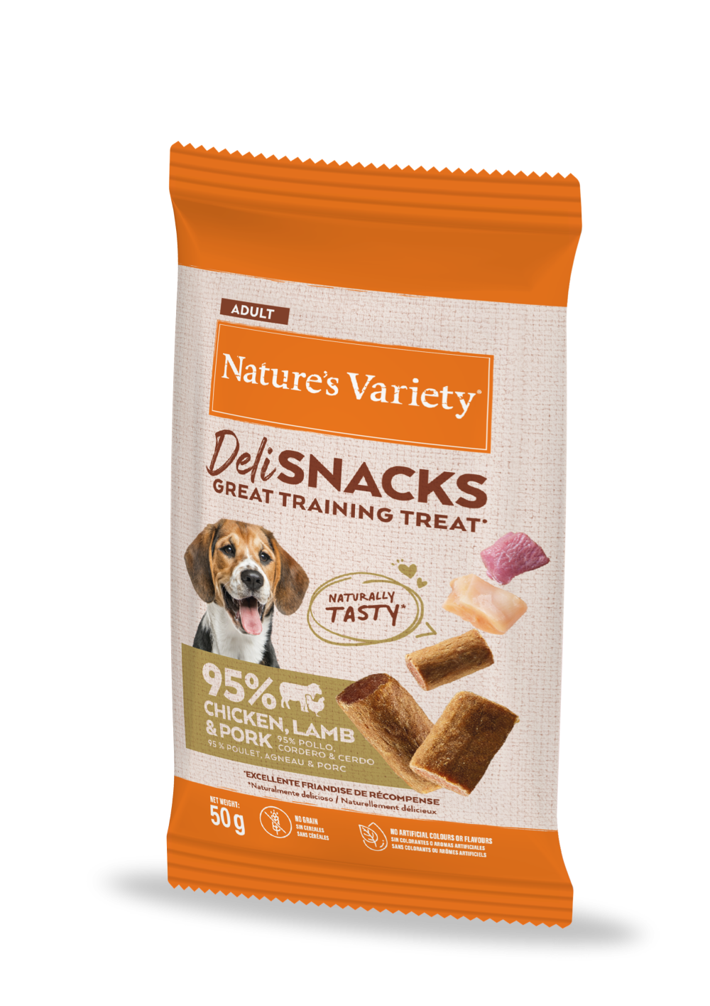 Nature's Variety Deli Snacks - Snack Natural de Pollo, cordero y cerdo para Perros 50g