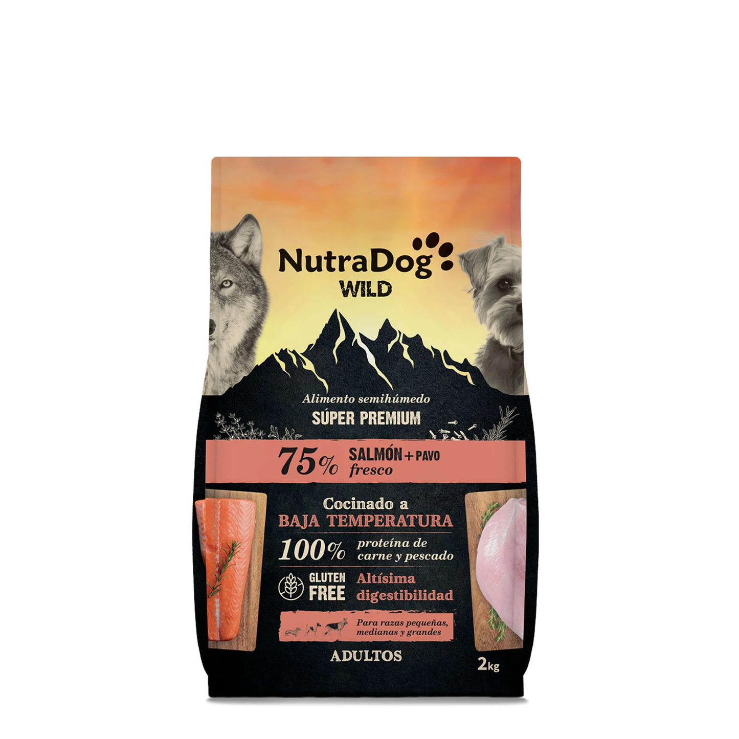 Nutradog Wild 75% Salmón y Pavo - Pienso semi humedo para perros Hiperproteico Sin Cereales 2kg