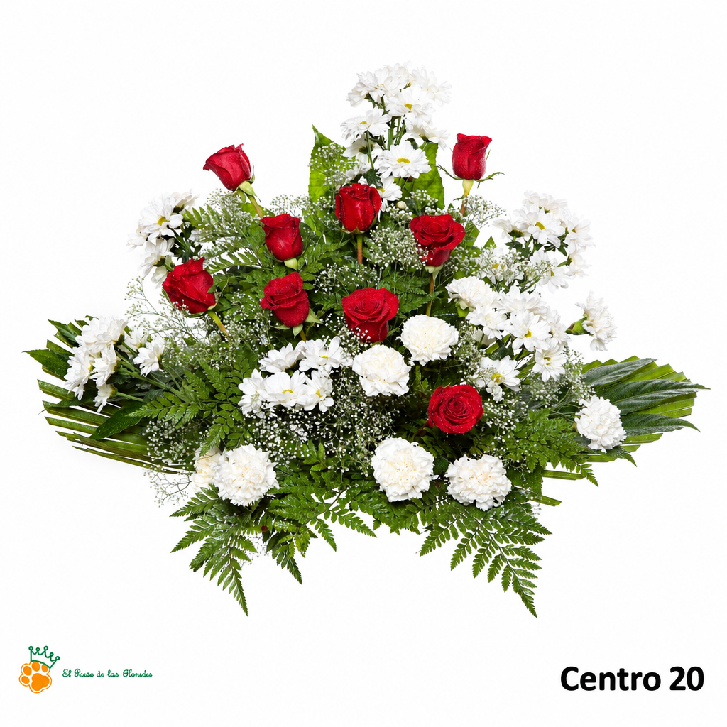 Centro de Flores nº20 con rosas rojas, claveles y margaritas blancas sobre fondo blanco y logo de la tienda.
