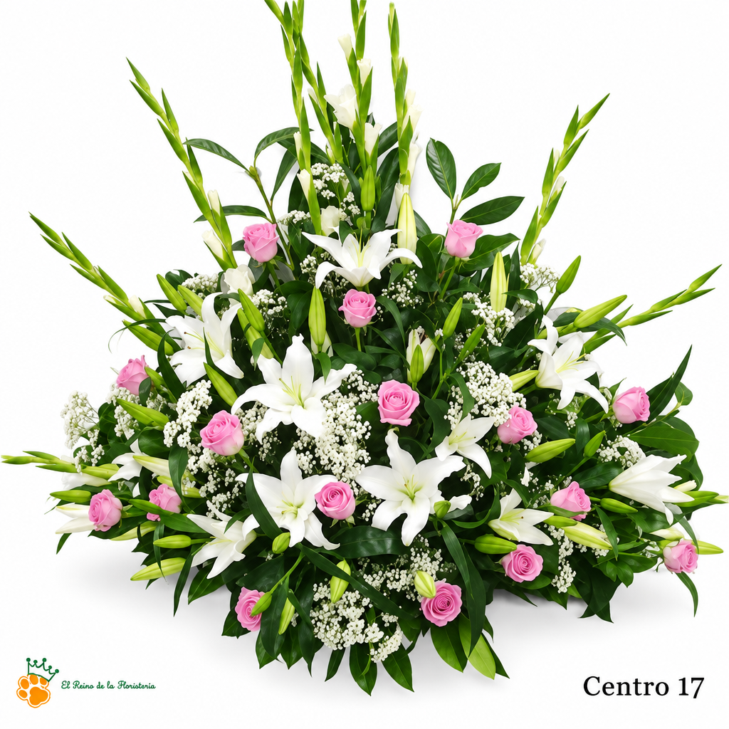 Centro de Flores nº17 con liliums blancos, rosas rosadas y gladiolos, sobre fondo blanco con el logo de la tienda.