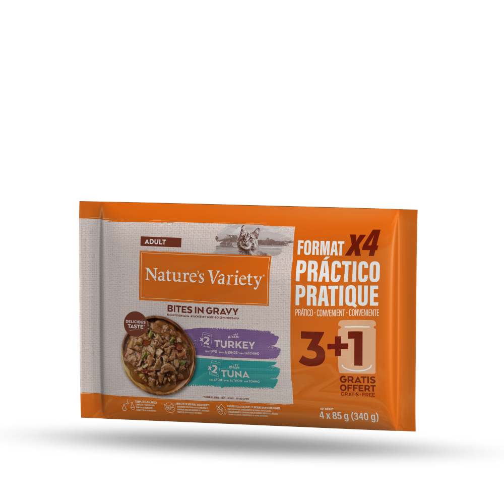 Nature's Variety Wet Bites en Salsa Flowpack - Pack 4 Sobres de 85g para Gatos