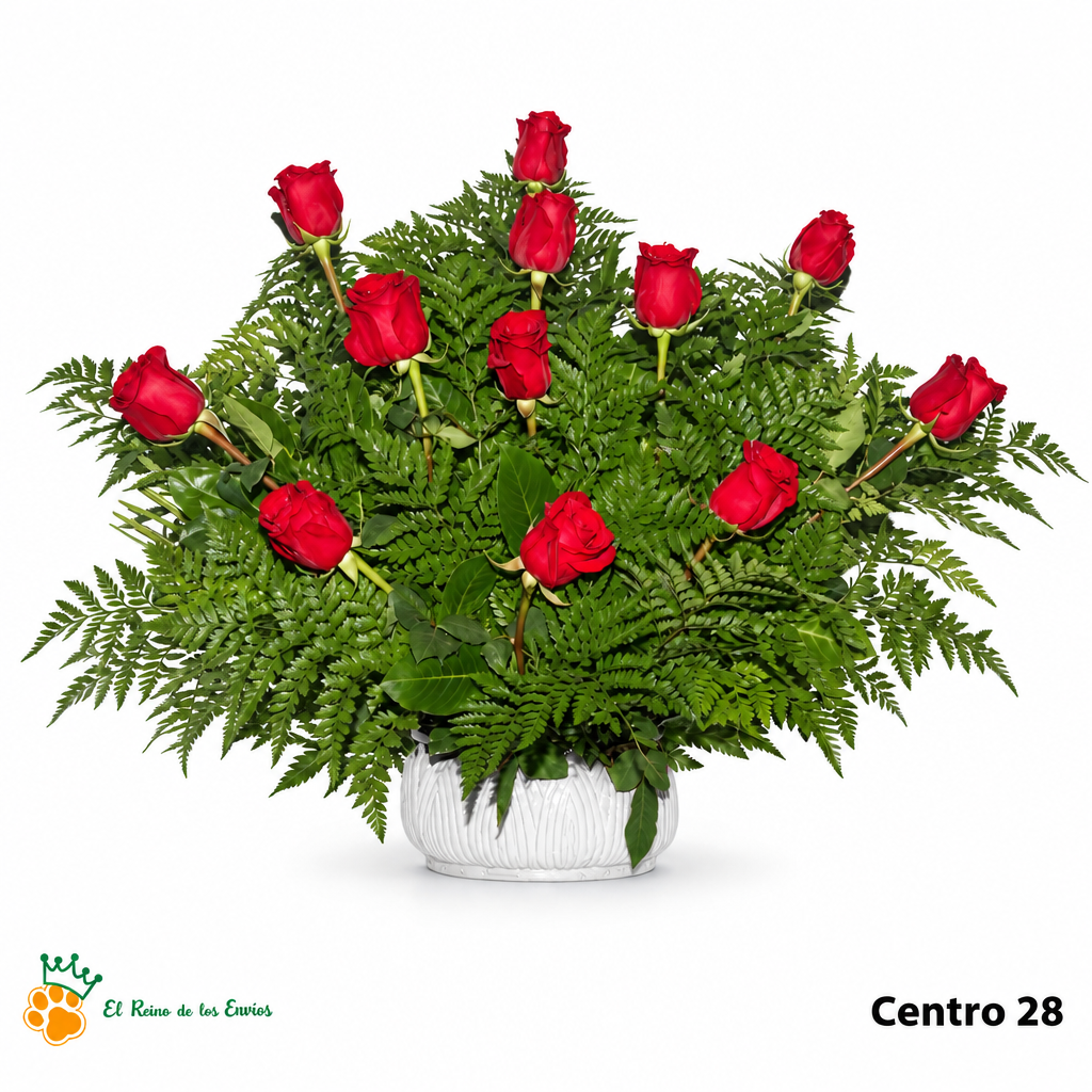 Centro de Flores nº28 con rosas rojas y helechos en recipiente blanco, sobre fondo blanco con logo de la tienda.