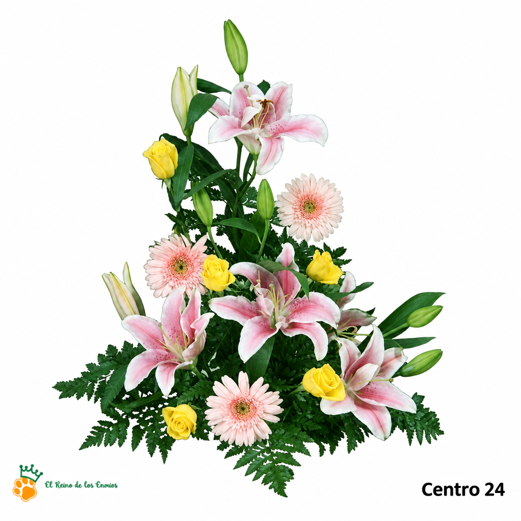 Centro de Flores nº24 con liliums rosados, gerberas rosadas y rosas amarillas sobre fondo blanco y logo de la tienda.