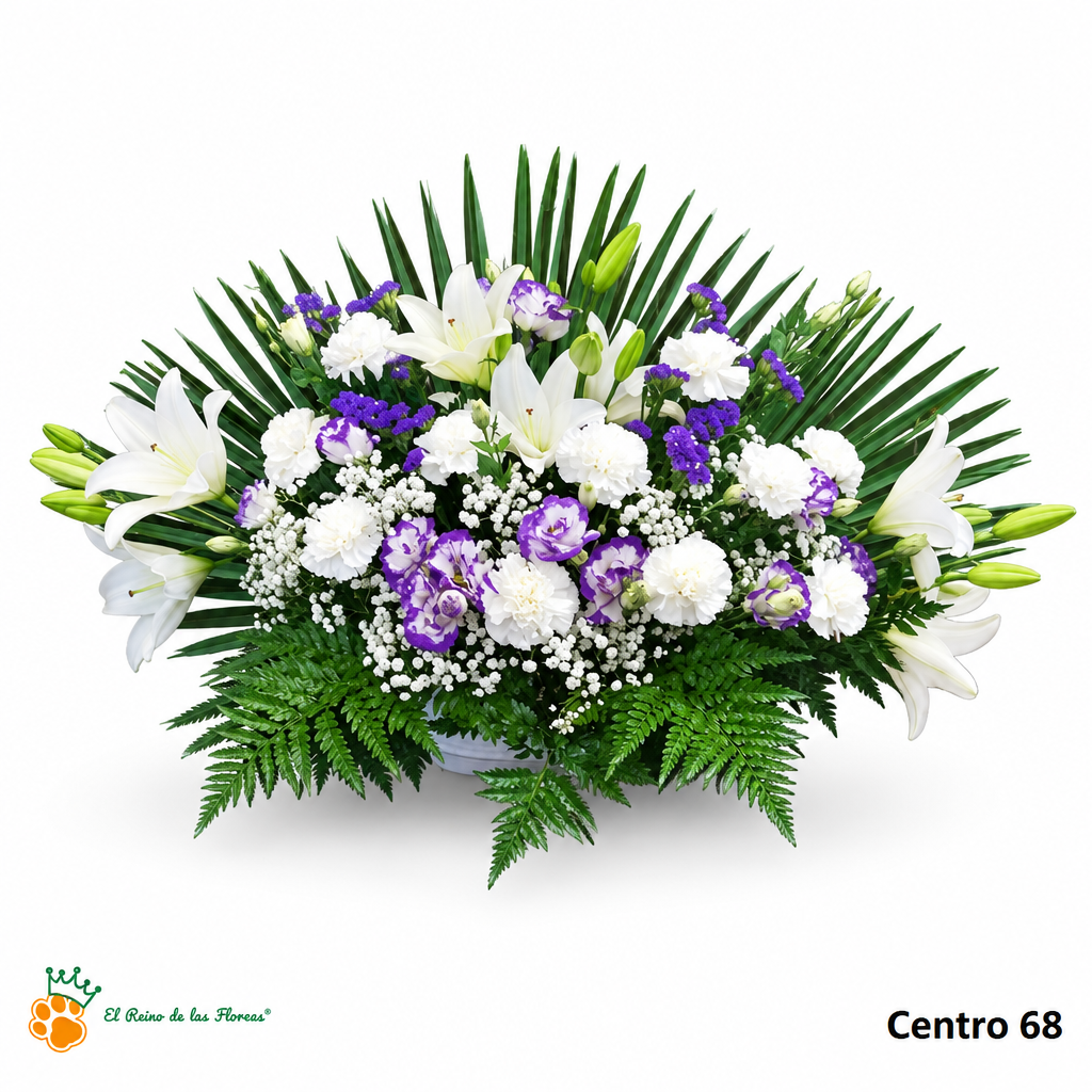 Centro de Flores nº68 con liliums y claveles blancos, flores moradas y follaje verde sobre fondo blanco con logo de la tienda.