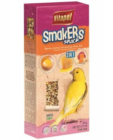 Vitapol Smakers 3 en 1 para Canarios 85g – Barritas de miel, huevo y fruta