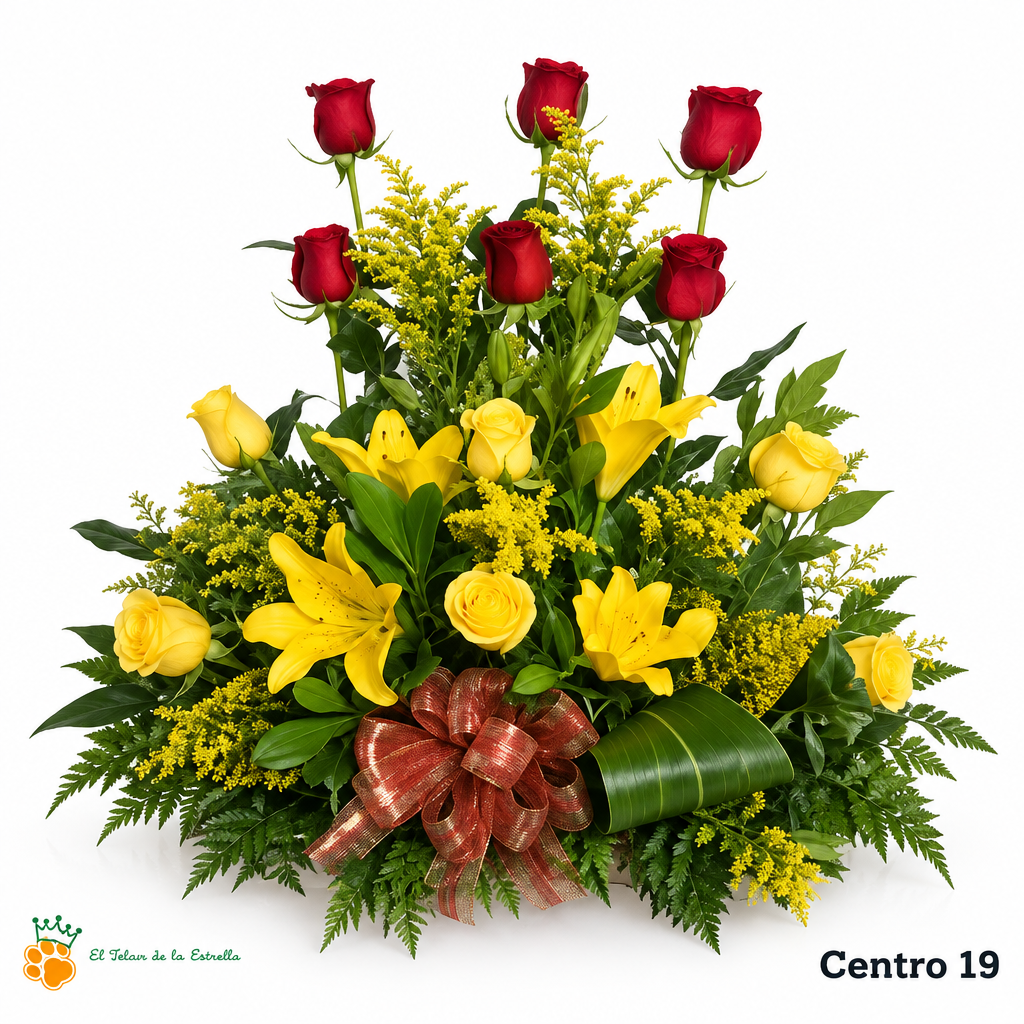 Centro de Flores nº19 con rosas rojas y amarillas y liliums amarillos sobre fondo blanco con logo de la tienda.