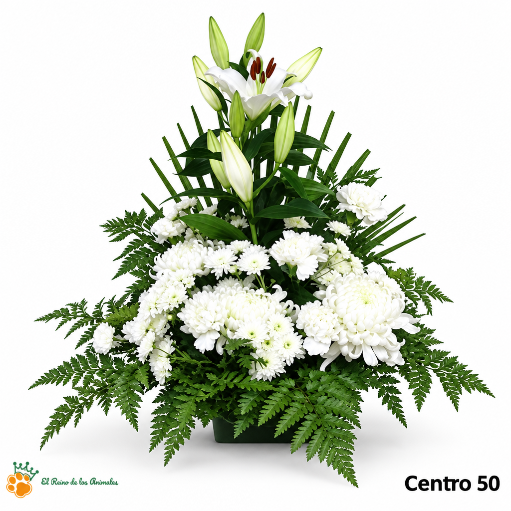 Centro de Flores nº50 con liliums y crisantemos blancos, helechos y follaje verde sobre fondo blanco con logo de la tienda.