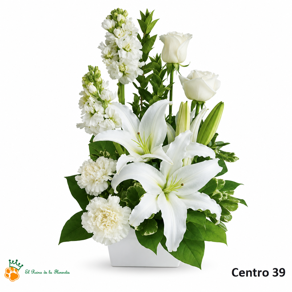 Centro de Flores nº39 con liliums y rosas blancas, follaje verde y recipiente blanco, con logo de la tienda.