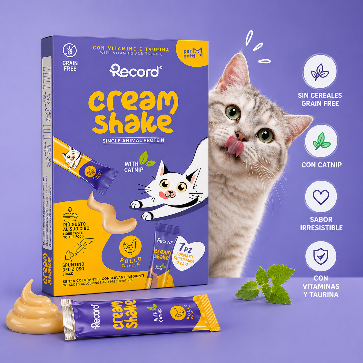 Record Cream Shake Pollo y Catnip Snack Líquido Grain Free para Gatos – 7x12 g