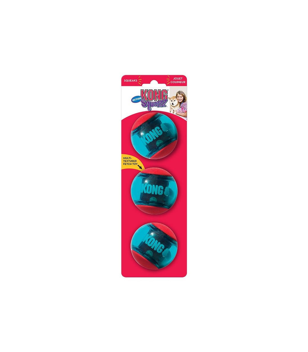 KONG Squeezz Action M – Pack de 3 pelotas con sonido para perros, 6,5 cm