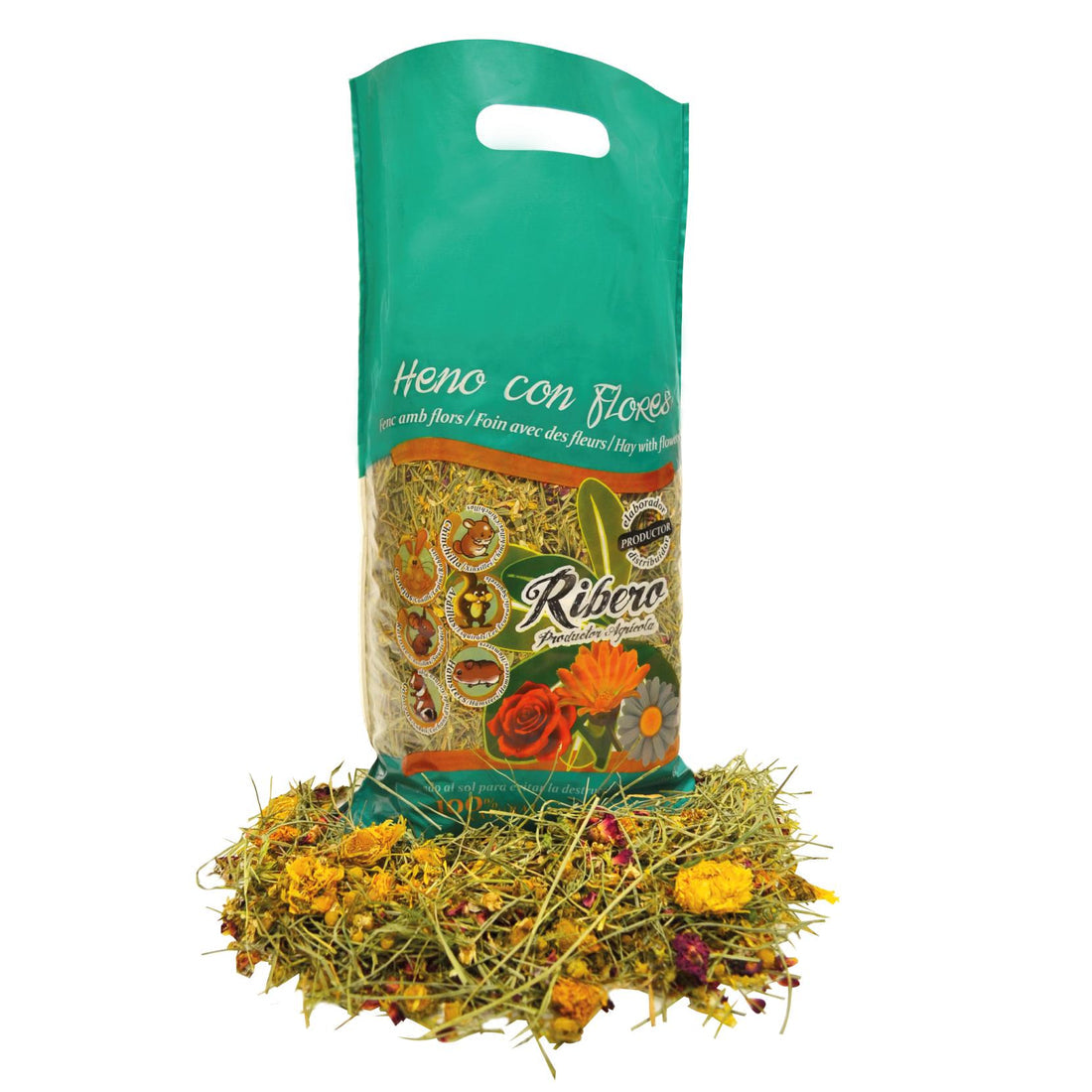 Heno con Flores Ribero 500g – Mezcla de festuca, espárceta, caléndula, rosa y manzanilla