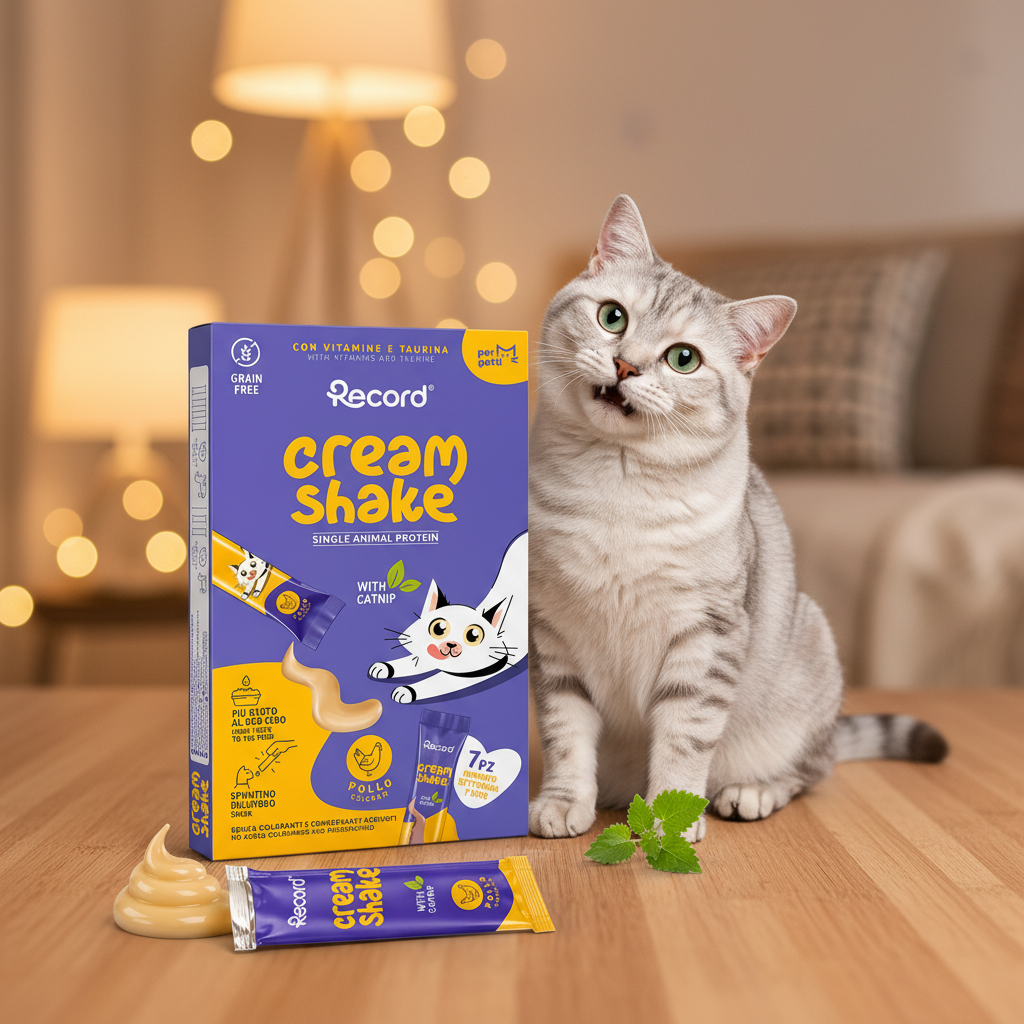 Record Cream Shake Pollo y Catnip Snack Líquido Grain Free para Gatos – 7x12 g