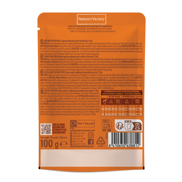 Nature’s Variety Bocaditos en Salsa con Pavo y Judías Verdes para Perros Mini Adultos – Sobre 100 g