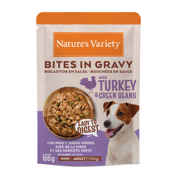 Nature’s Variety Bocaditos en Salsa con Pavo y Judías Verdes para Perros Mini Adultos – Sobre 100 g