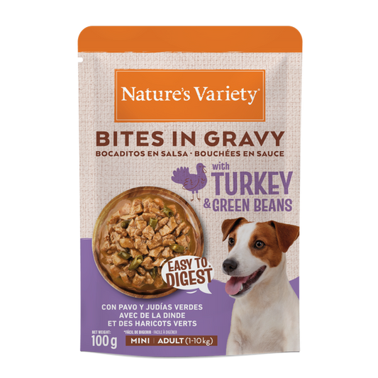 Nature’s Variety Bocaditos en Salsa con Pavo y Judías Verdes para Perros Mini Adultos – Sobre 100 g