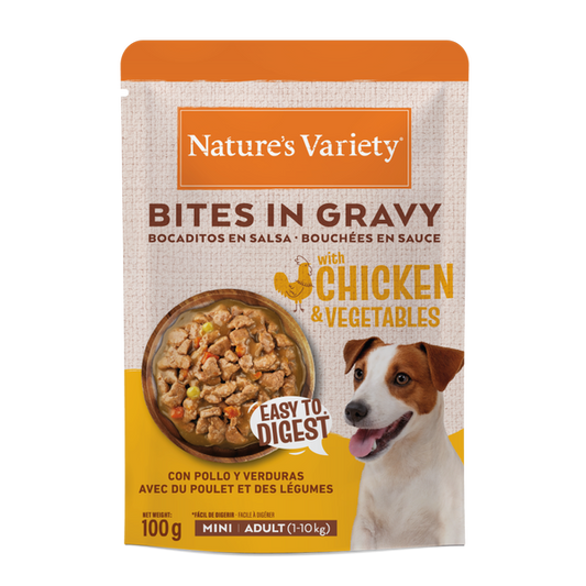Nature’s Variety Bocaditos en Salsa con Pollo y Verdura para Perros Mini Adultos – Sobre 100 g
