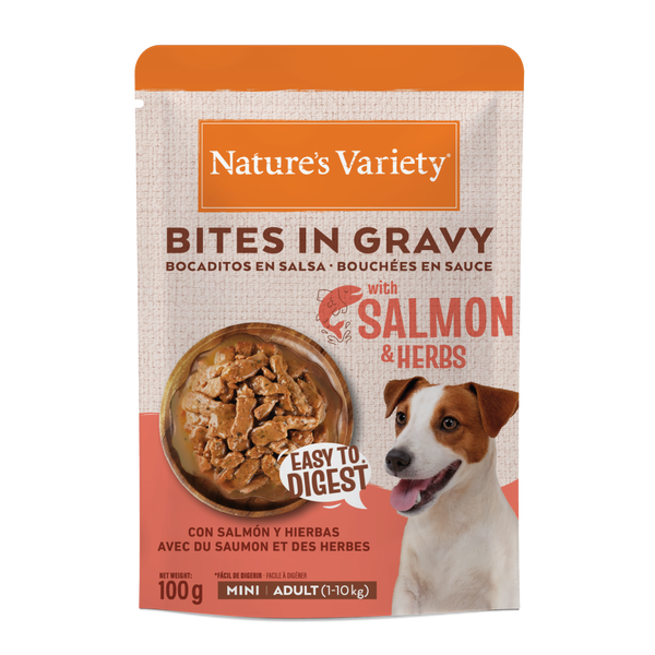 Nature’s Variety Bocaditos en Salsa con Salmón y Hierbas para Perros Mini Adultos – Sobre 100 g