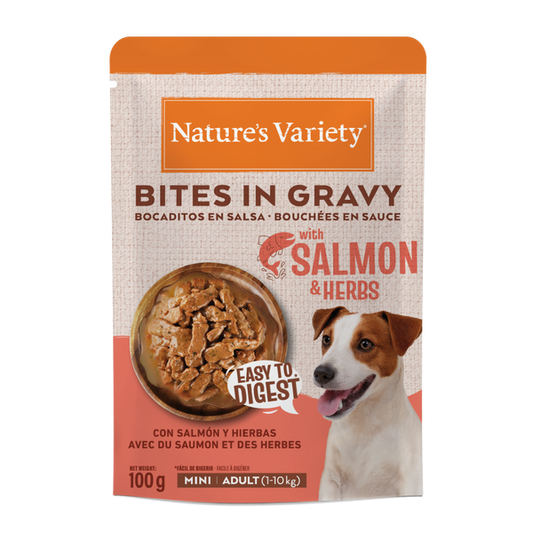 Nature’s Variety Bocaditos en Salsa con Salmón y Hierbas para Perros Mini Adultos – Sobre 100 g