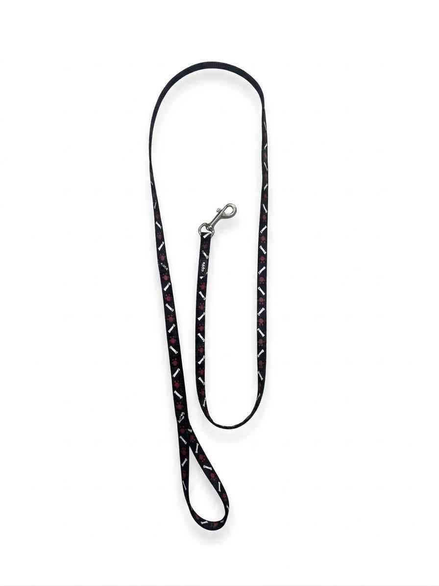 Correa Nylon Huesos y Huellas Negra 1.2m | Paseo con Estilo