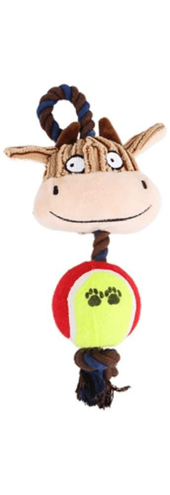 ECO DOG TOY INDI 24cm – Juguete ecológico de vaca con pelota y cuerdas para perros