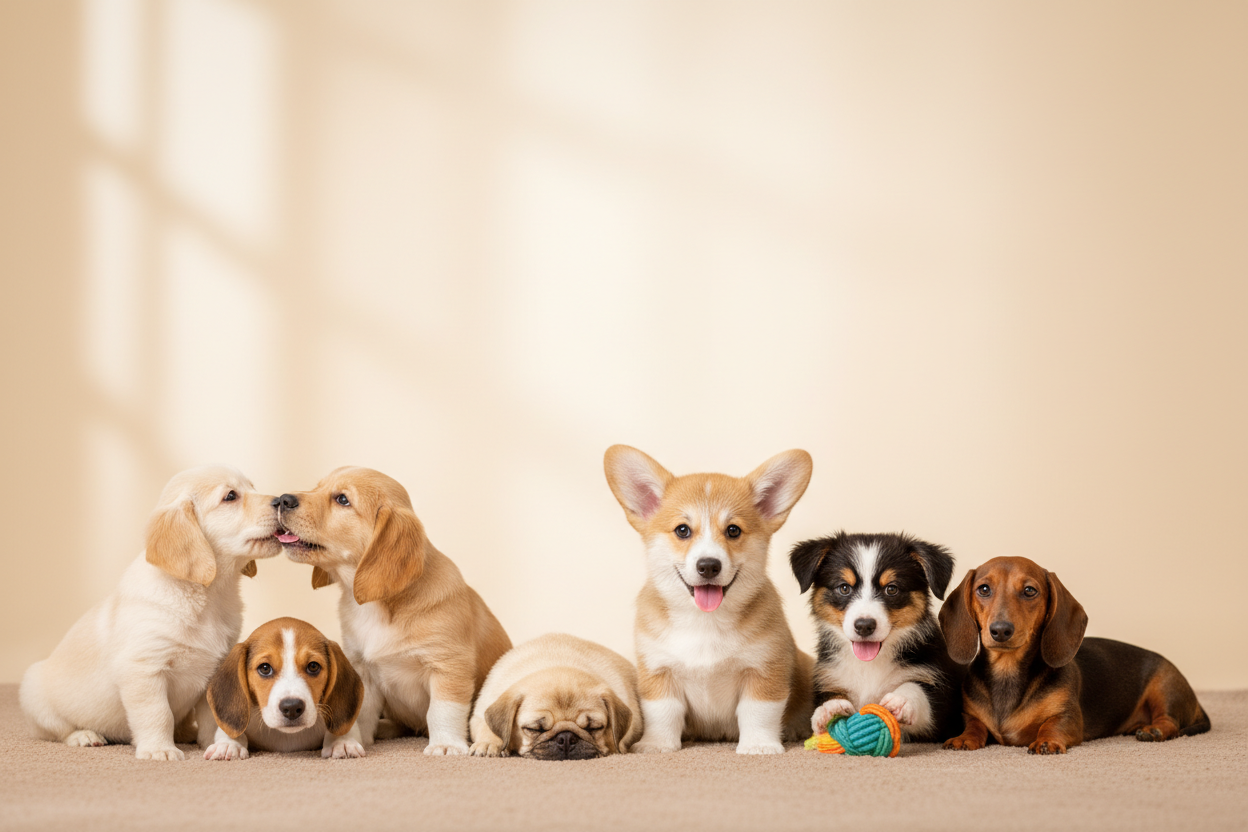 fondo marron muy claro con un grupo de cachorros de perro en la parte inferior de la imagen