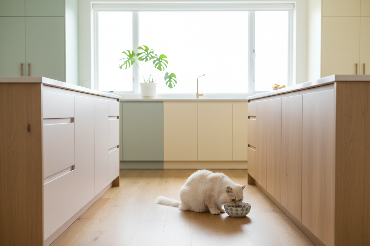 Gato comiendo en cocina luminosa con plantas