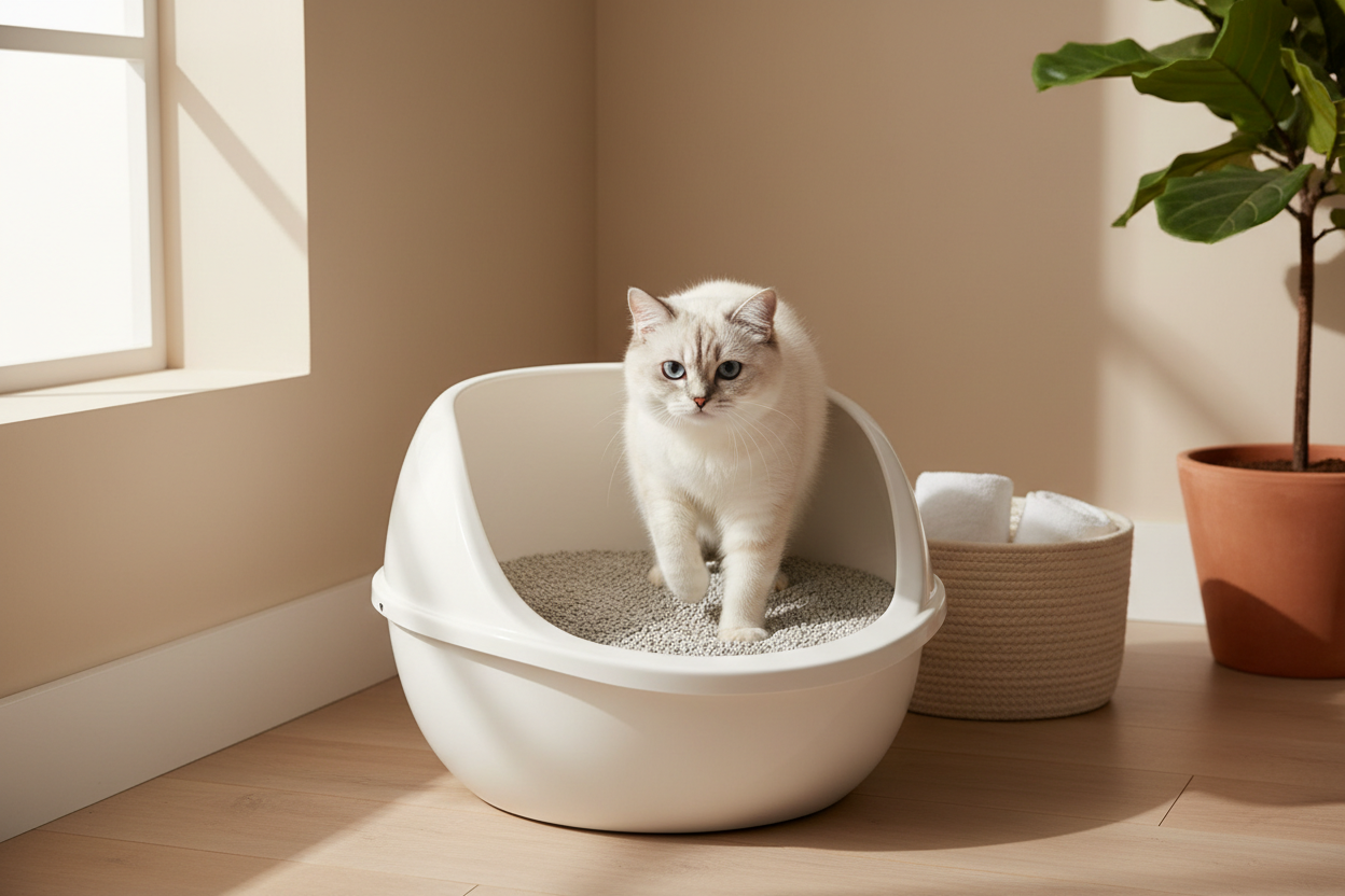 Gato en arenero limpio entorno luminoso