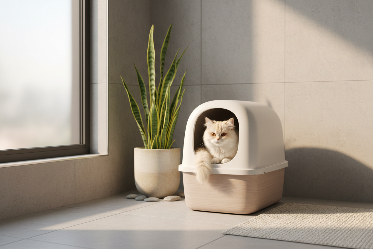 Gato usando arenero en baño luminoso con planta