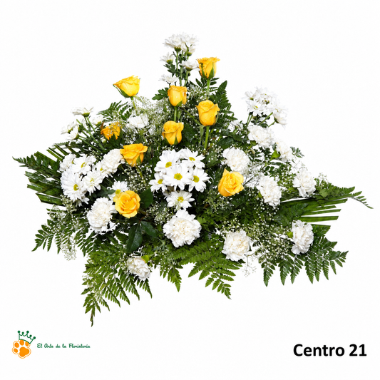 Centro de Flores nº21 - Rosas Amarillas con Claveles y Margaritas Blancas