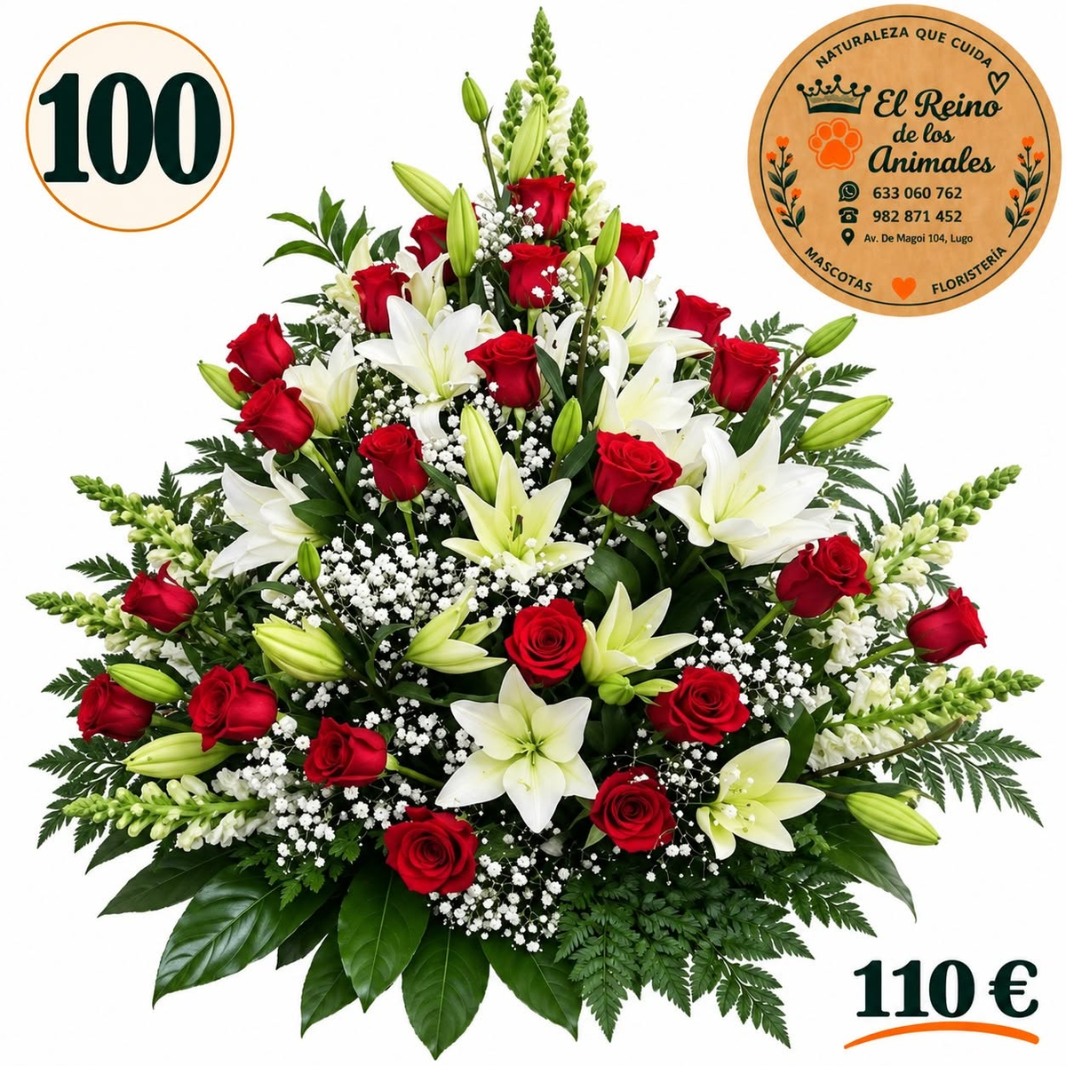 Centro de flores nº100 con rosas rojas, liliums blancos, flores blancas en espiga, paniculata y helechos