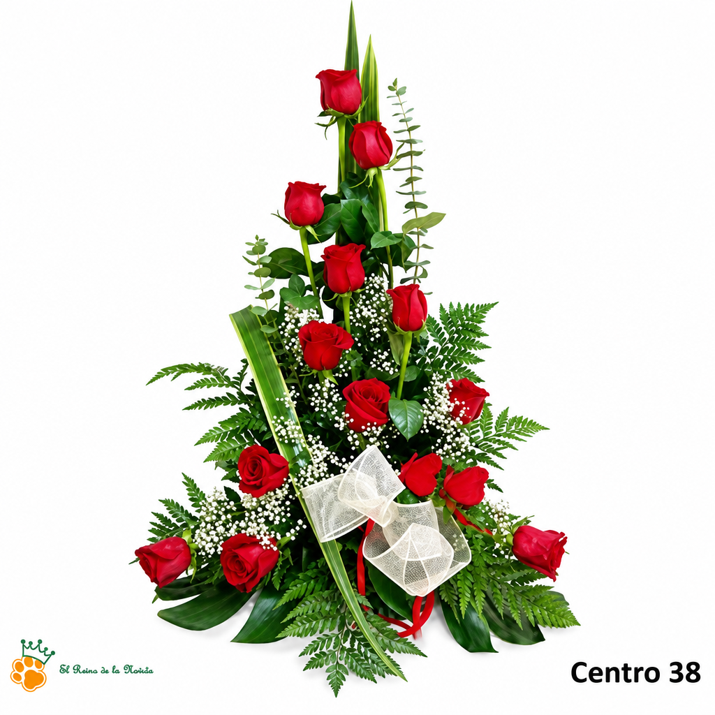 Centro de Flores nº38 con rosas rojas, pequeñas flores blancas y lazo blanco sobre fondo blanco con logo de la tienda.