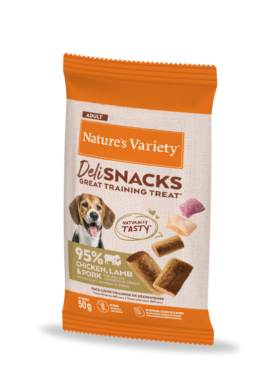 Nature's Variety Deli Snacks - Snack Natural de Pollo, cordero y cerdo para Perros 50g