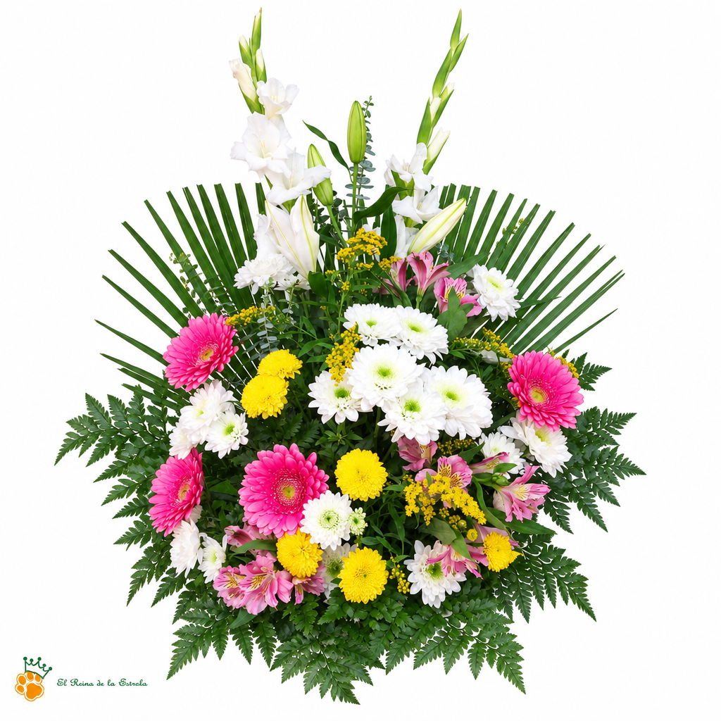 Centro nº76 con gerberas rosa, gladiolos blancos, crisantemos blancos y amarillos y hojas de palma