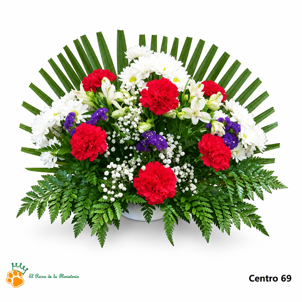 Centro de Flores nº69 con claveles rojos, flores blancas, pequeños toques morados y follaje verde sobre fondo blanco con logo de la tienda.