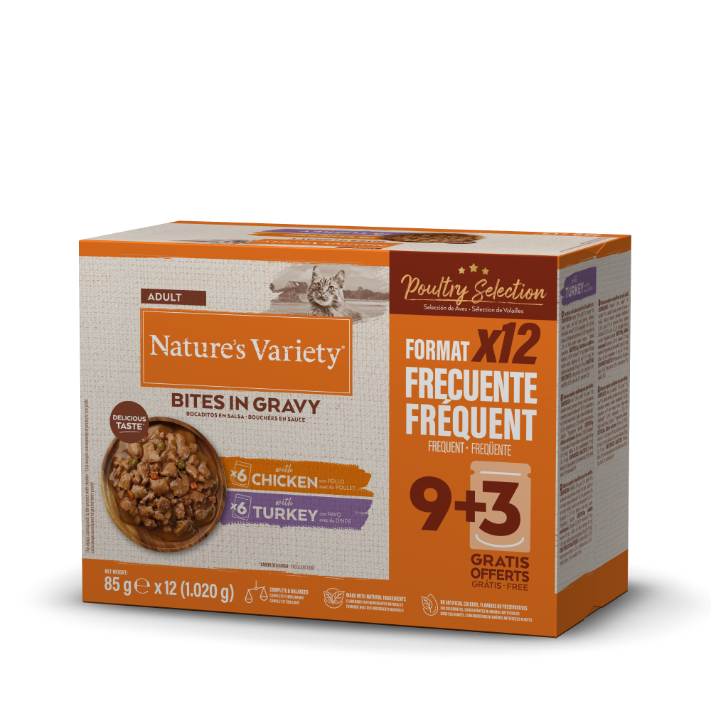 Nature's Variety Bocaditos en Salsa Multipack - Comida Húmeda con Carne para Gatos 12x85g
