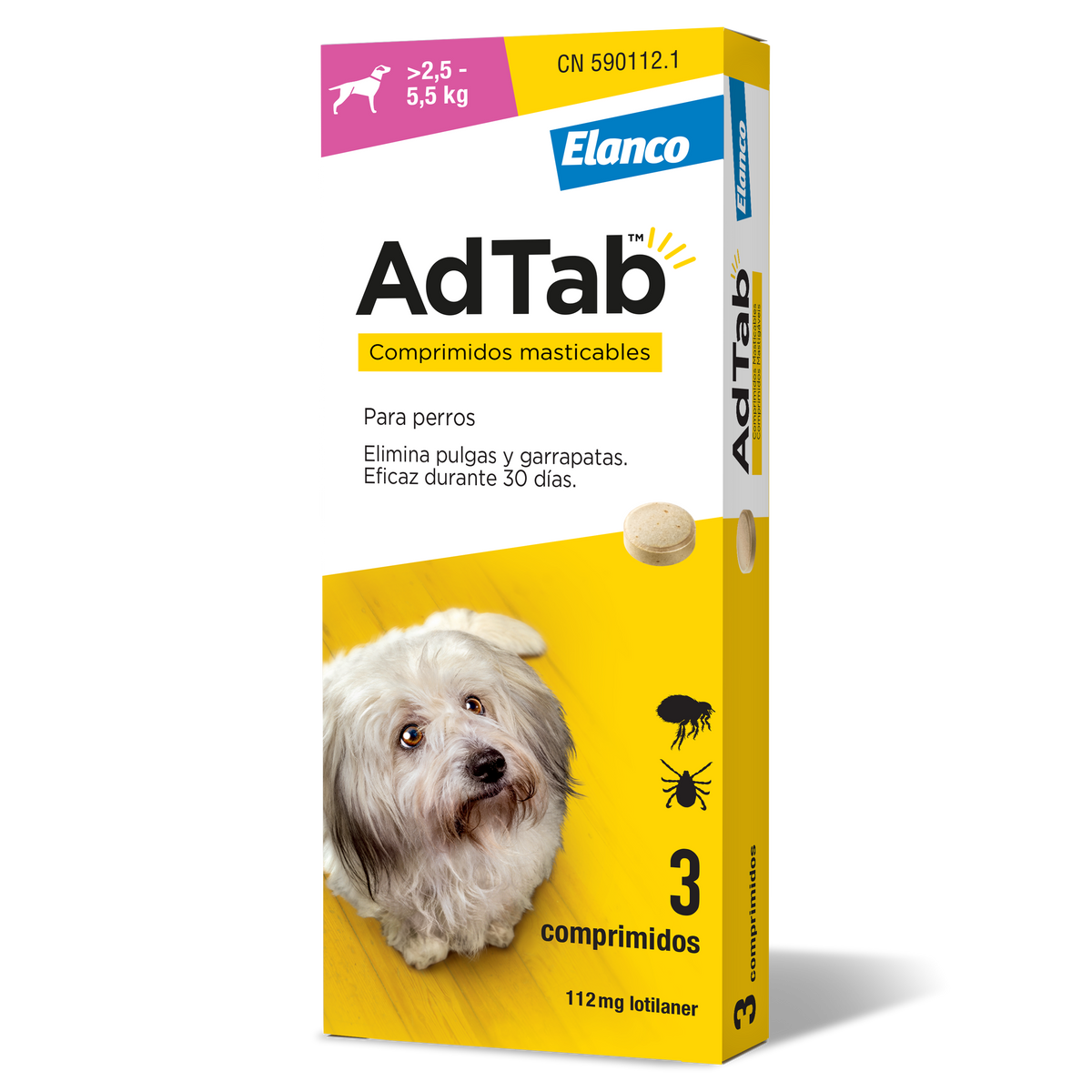 Adtab 112 mg comprimidos masticables para perros (2,5–5,5 kg) – antiparasitario oral contra pulgas y garrapatas