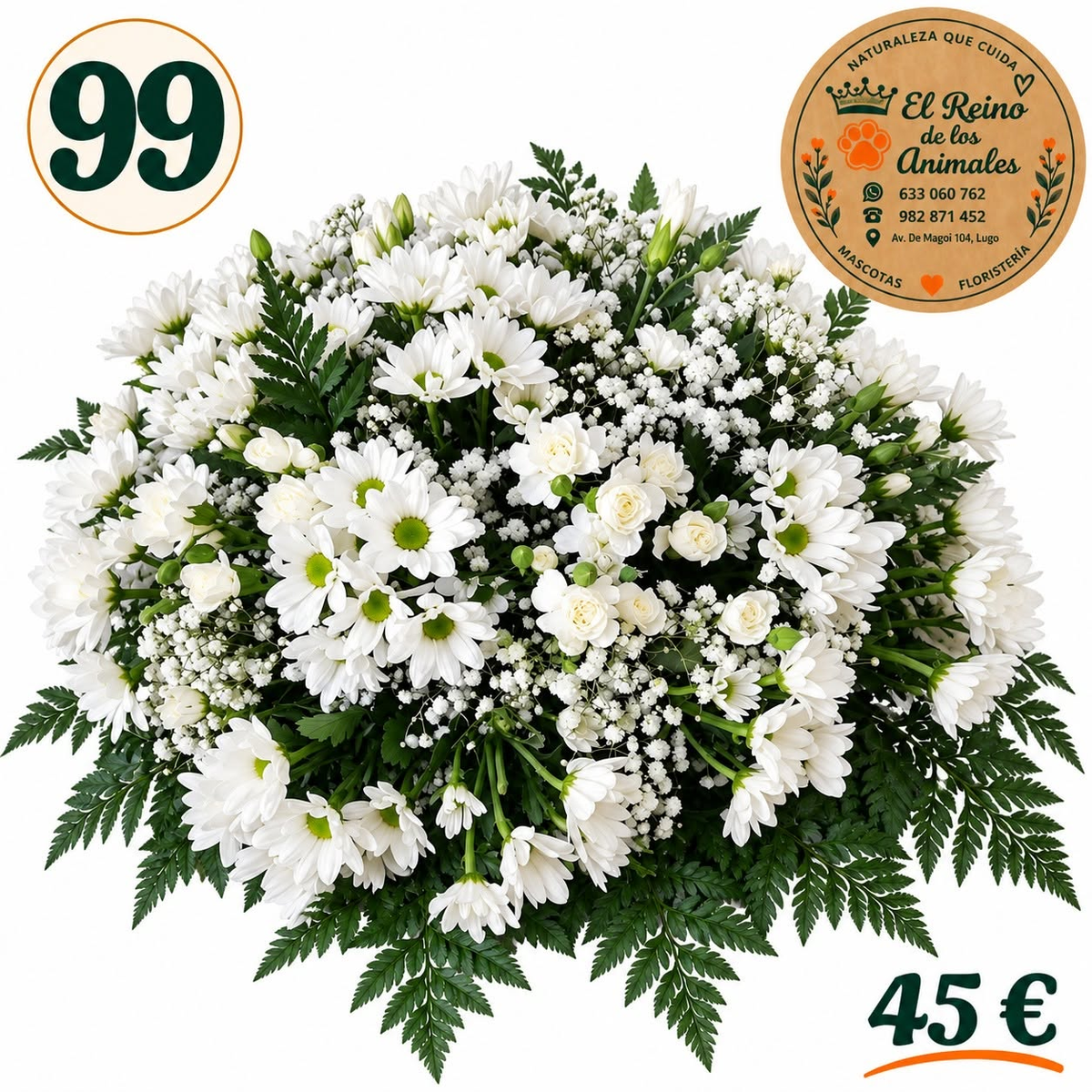 Centro de flores nº99 con crisantemos blancos, claveles ramificados blancos, paniculata y helechos