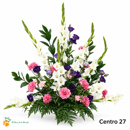Centro de Flores nº27 con gladiolos blancos y flores rosadas y moradas sobre fondo blanco con logo de la tienda.