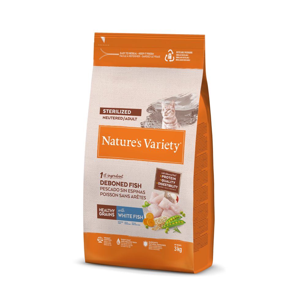 Nature's Variety Healthy Grain Sterilized Pienso con Pescado Blanco para Gatos Esterilizados – 3 kg