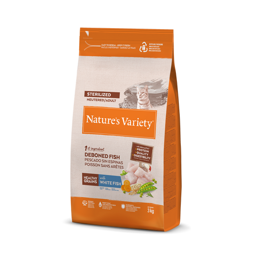 Nature's Variety Healthy Grain Sterilized - Pienso con Pescado Blanco para Gatos Esterilizados 3kg