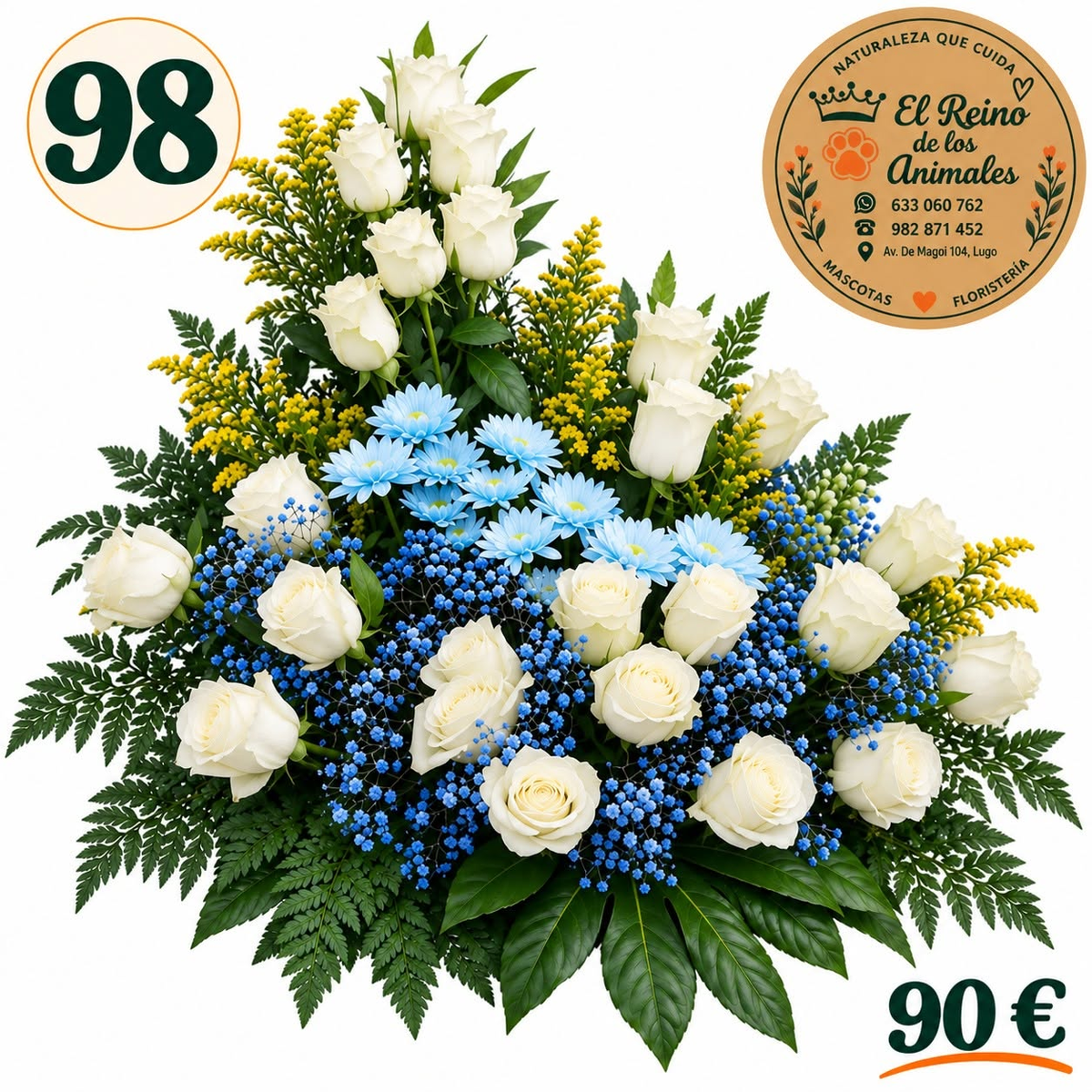 Centro de flores nº98 con rosas blancas, crisantemos azul claro, paniculata azul, flores amarillas y helechos