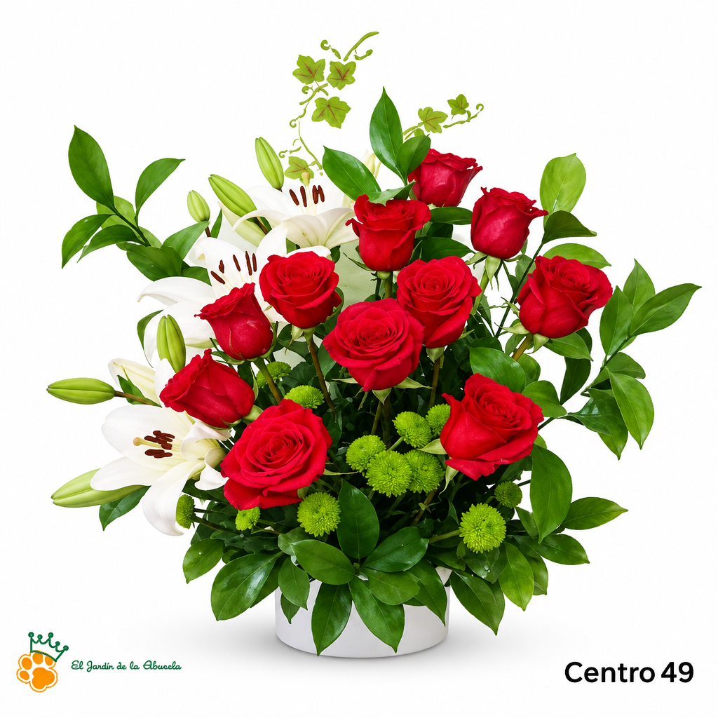 Centro de Flores nº49 con rosas rojas, liliums blancos, pequeñas flores verdes y follaje sobre fondo blanco con logo de la tienda.