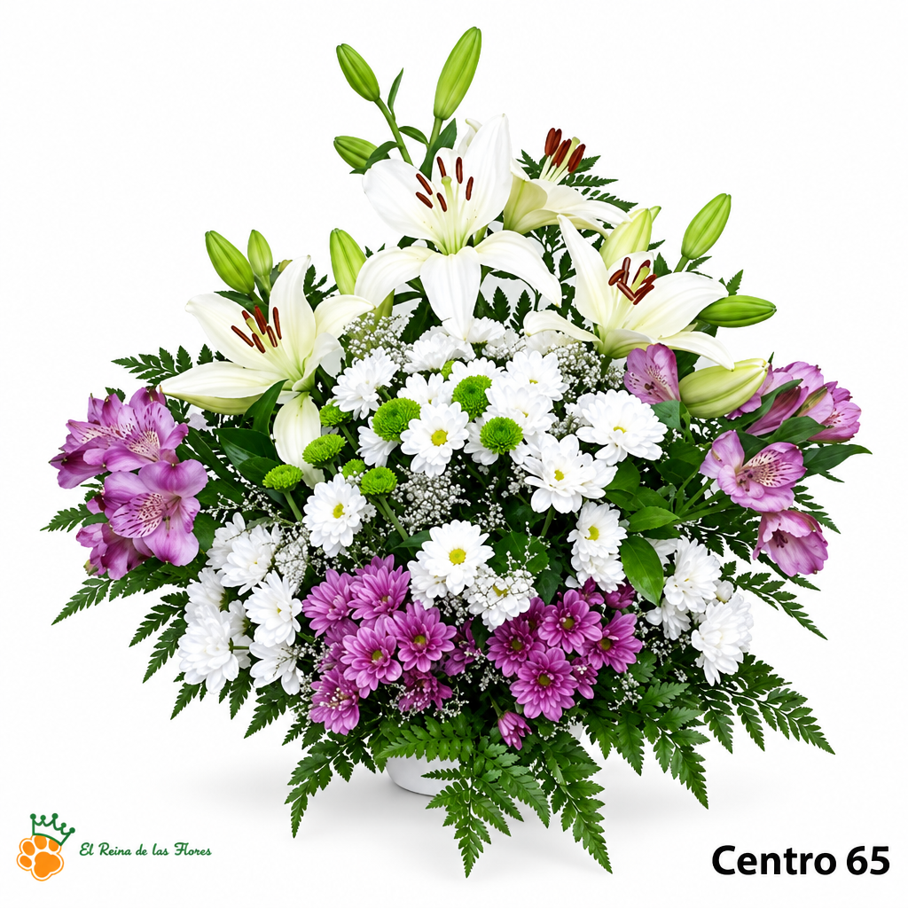 Centro de Flores nº65 con liliums blancos, flores moradas y malva y follaje verde sobre fondo blanco con logo de la tienda.