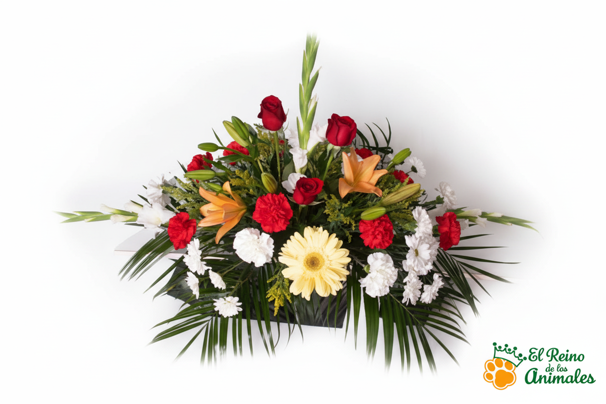 Centro de Flores nº10 - Arreglo Floral con Rosas Rojas y Lirios Naranjas
