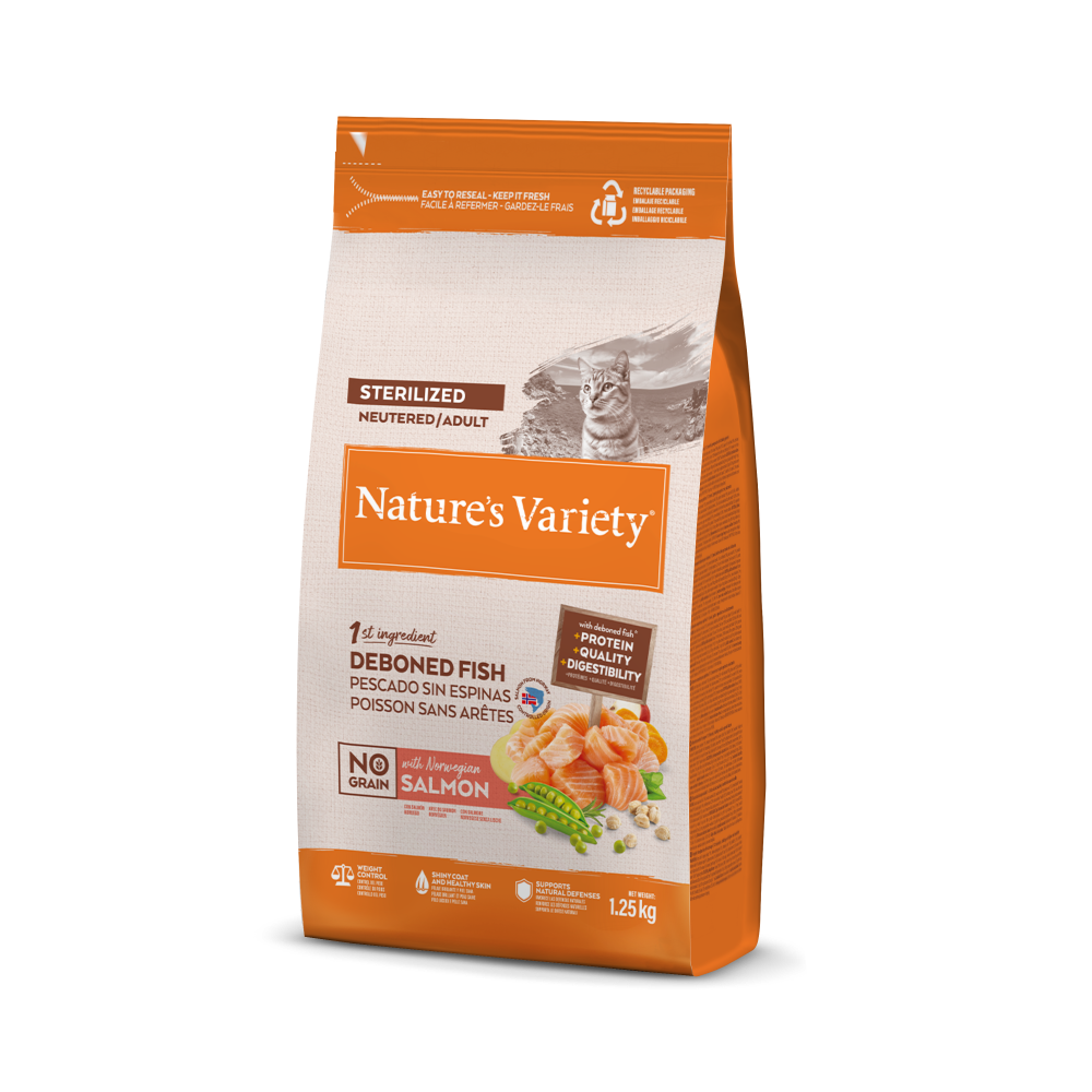 Nature's Variety Selected No Grain Sterilized Pienso Sin Cereales con Salmón Noruego para Gatos Esterilizados – 1,25 kg